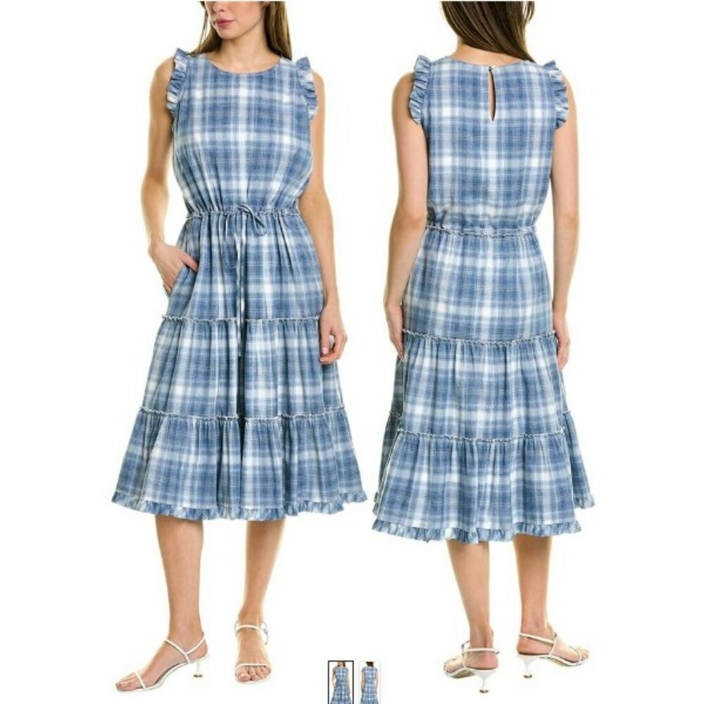 Sara Campbell Tiered Ruffle Sleeveless Gingham Blue White Midi Dress Size XS